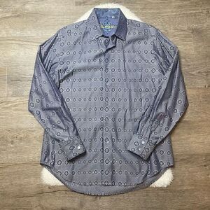 Robert Graham Dress Shirt Flip Cuff Blue Pattern Long Sleeve Mens Medium